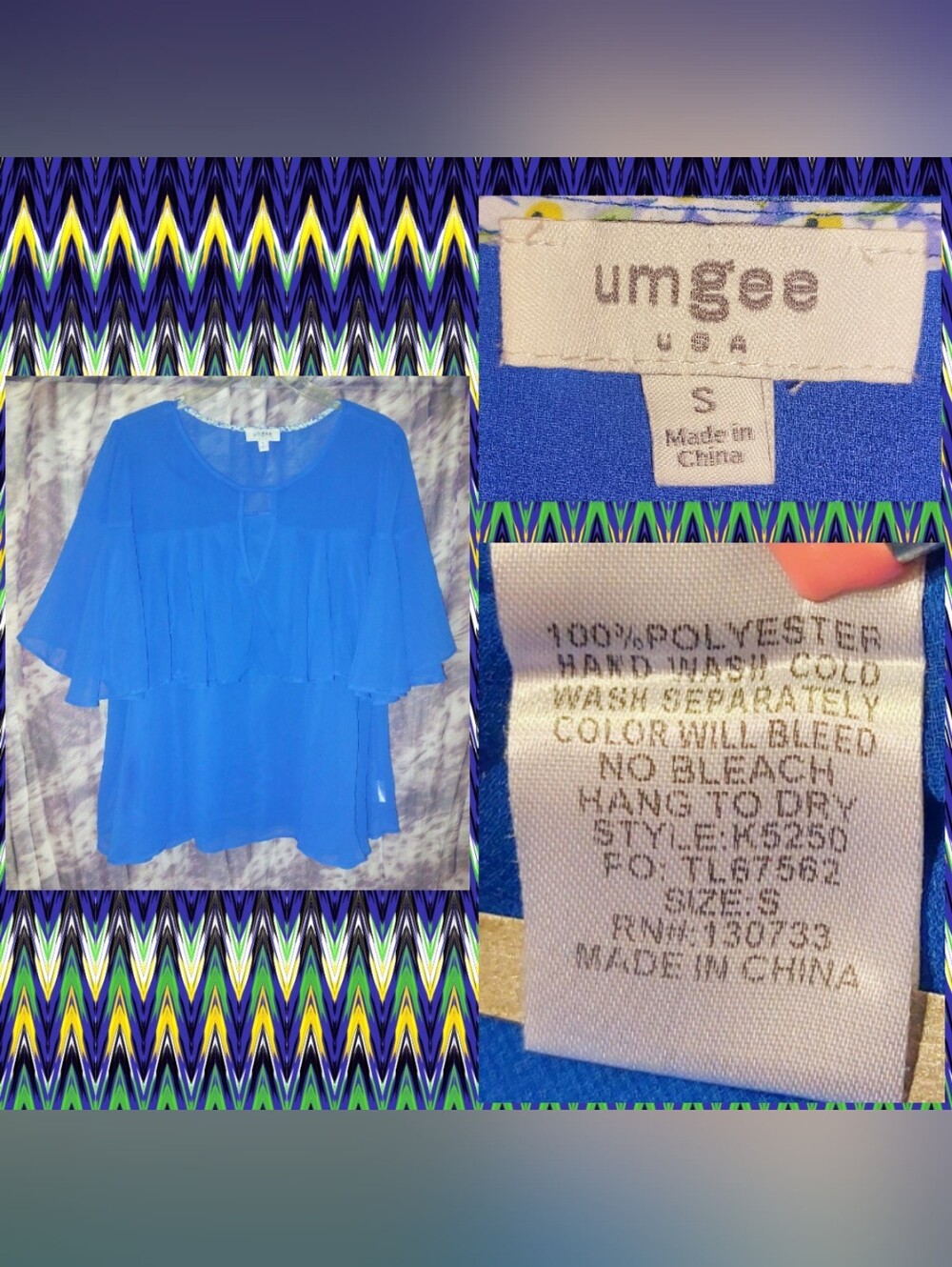 Umgee Royal Blue Sheer Chiffon Soft Woven Top w/Layered Flare Ruffle Sz Small